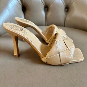 Vince Camuto Woven Leather Brelanie Dulce de Leche Mule Sandal Heels